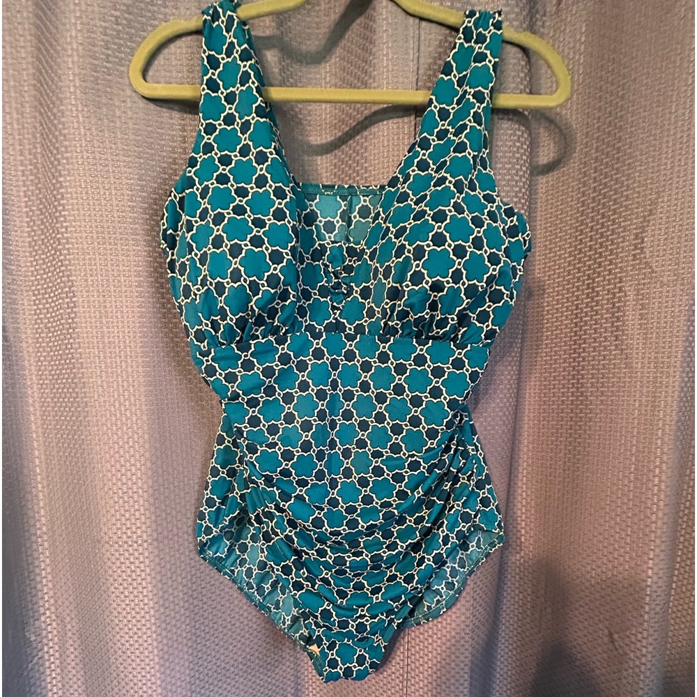 Lands' End Teal & White Geometric One-Piece Swimsuit